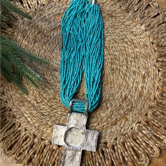 Turquoise Beaded Silver Cross Necklace - Picture 6 of 11